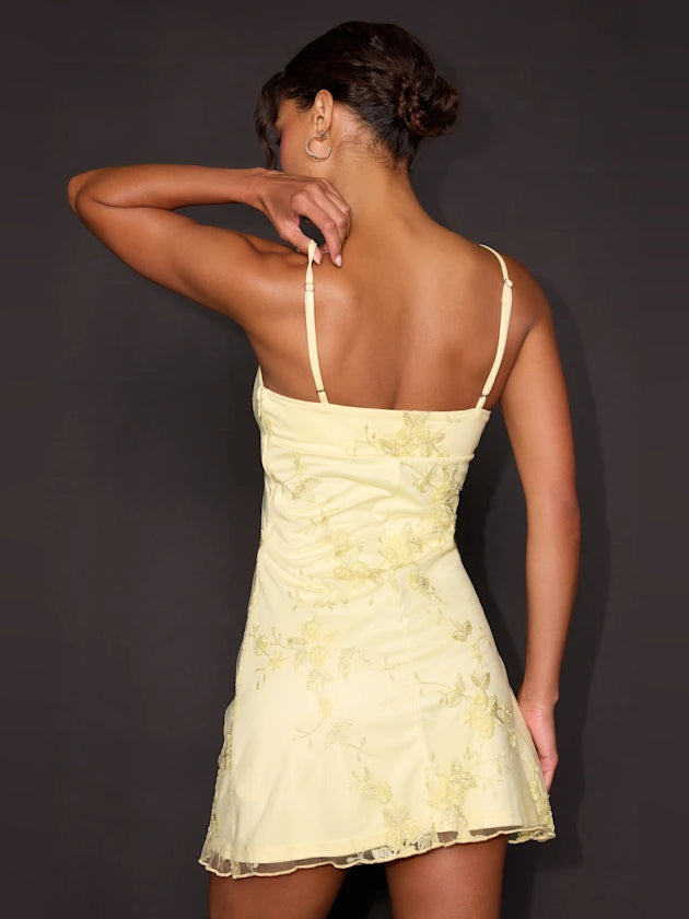 Butter yellow embroidered sleeveless mini dress, open back, spaghetti straps