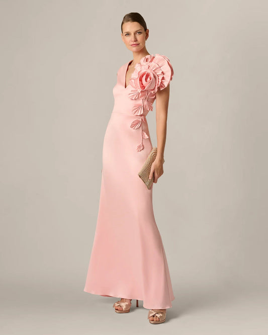 Blush pink sleeveless maxi dress with side rosette and layered flower details