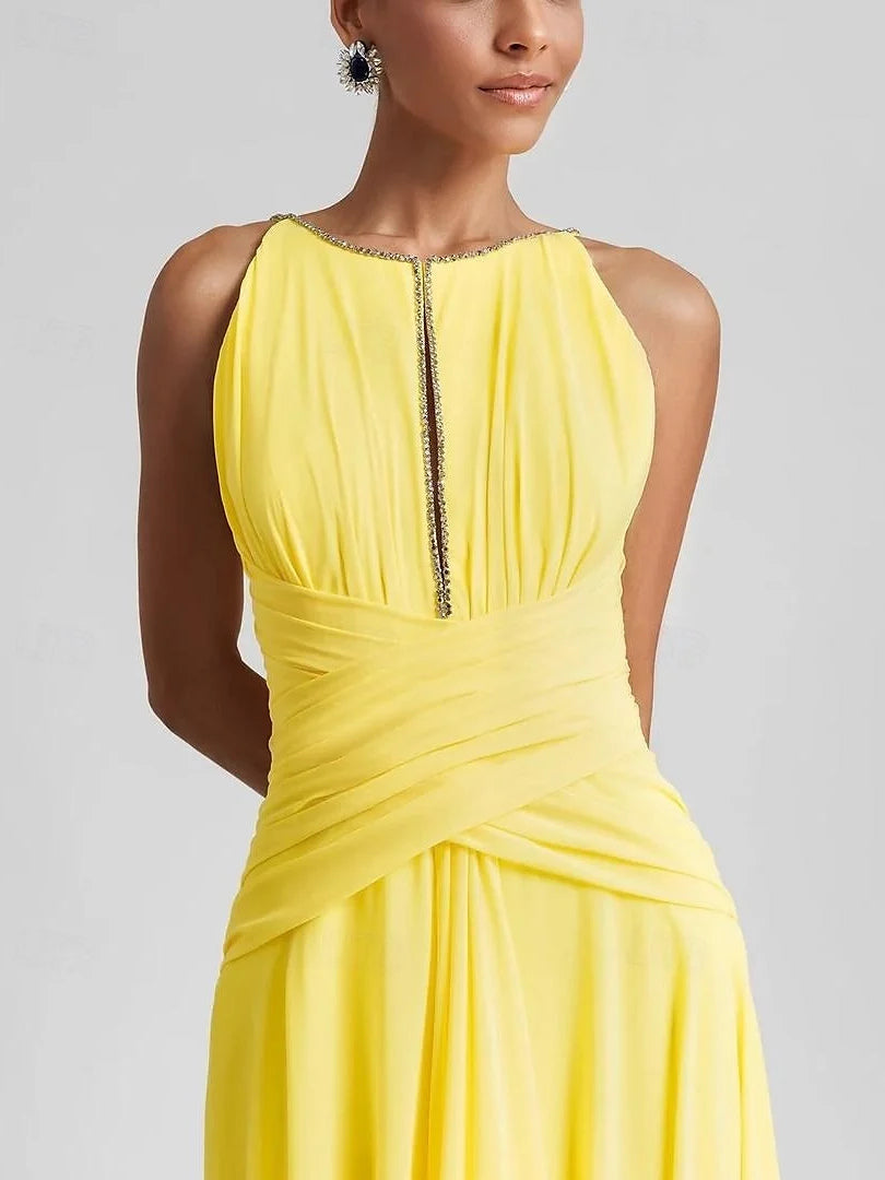 Canary yellow halter cut-out maxi chiffon dress with ruched bodice and jeweled neckline