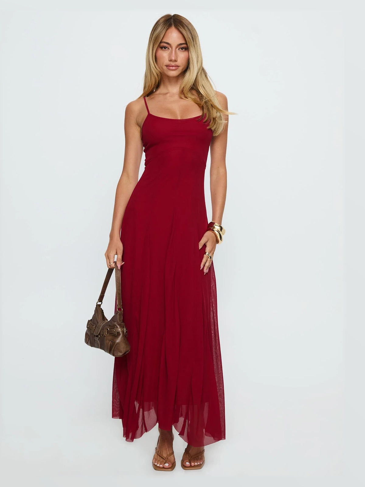 Red formal dress with a-line silhouette