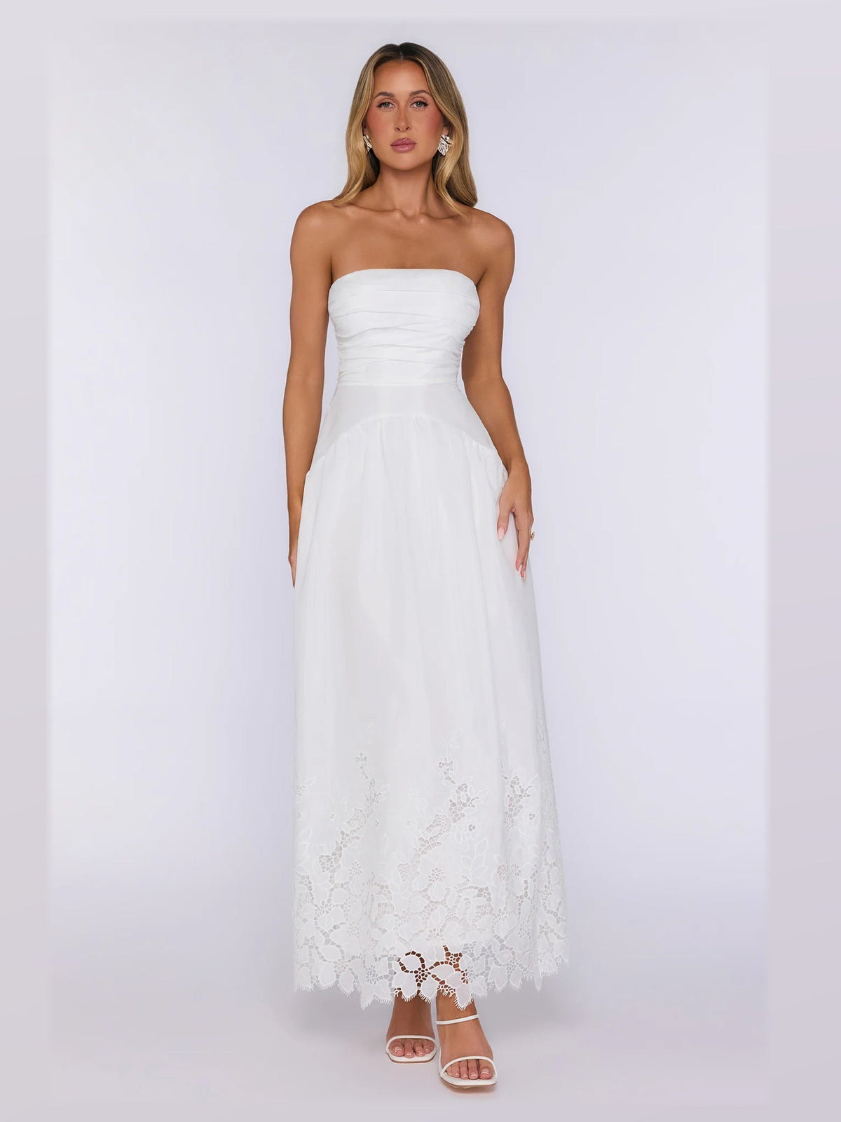 White formal dress with strapless neckline