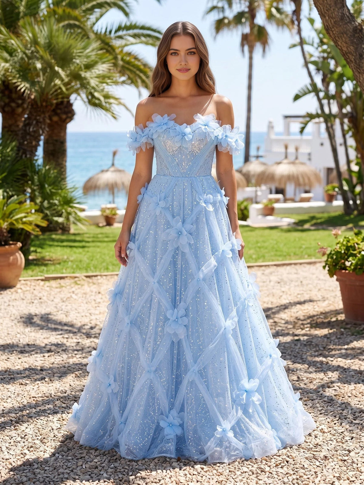 Light blue off-shoulder corset ball gown with floral appliques and ruffle tulle skirt