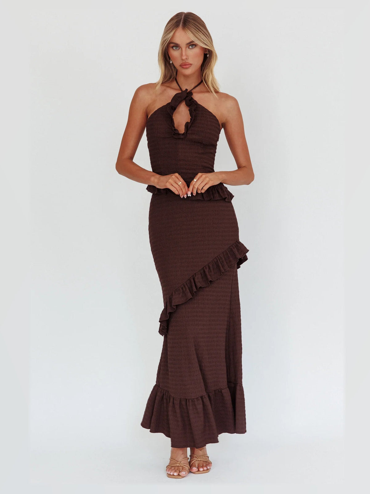 Chocolate formal dress with a-line silhouette