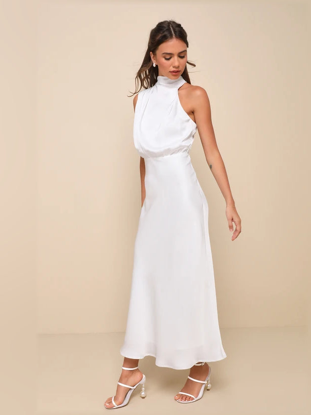 White satin sleeveless high-neck midi dress, side view with gathered waist detail