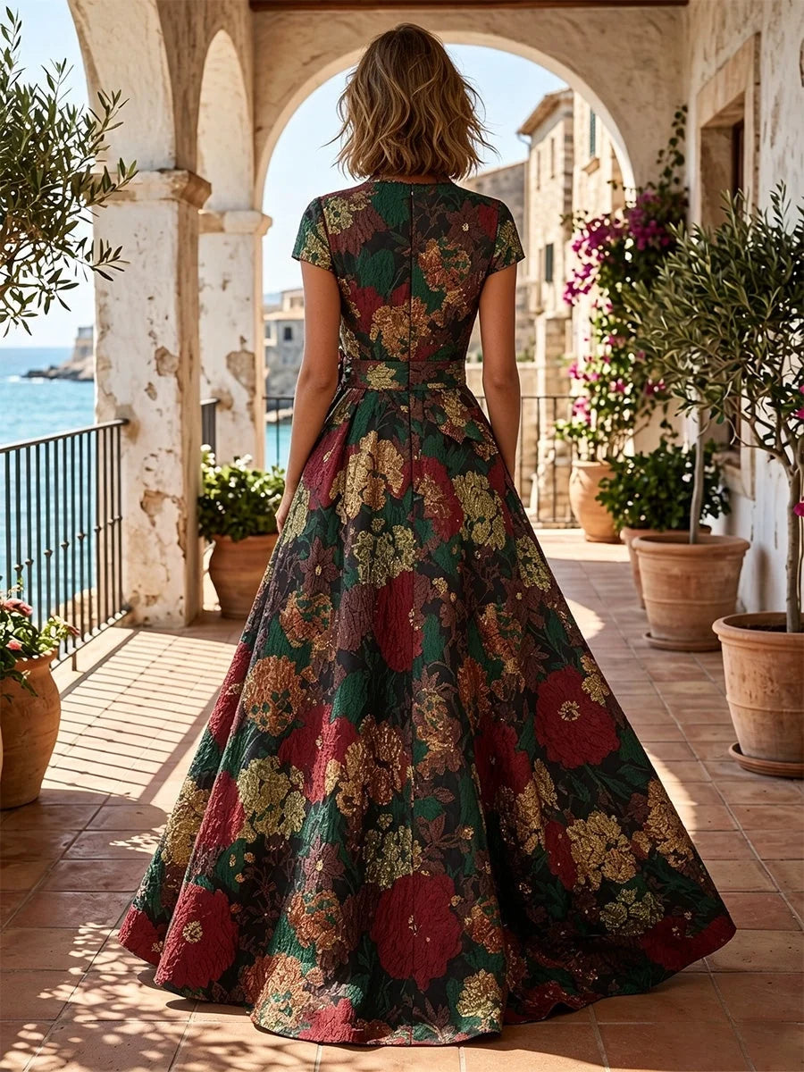 Floral A-line V-neck dress with short sleeves, open back, burgundy and green pattern
