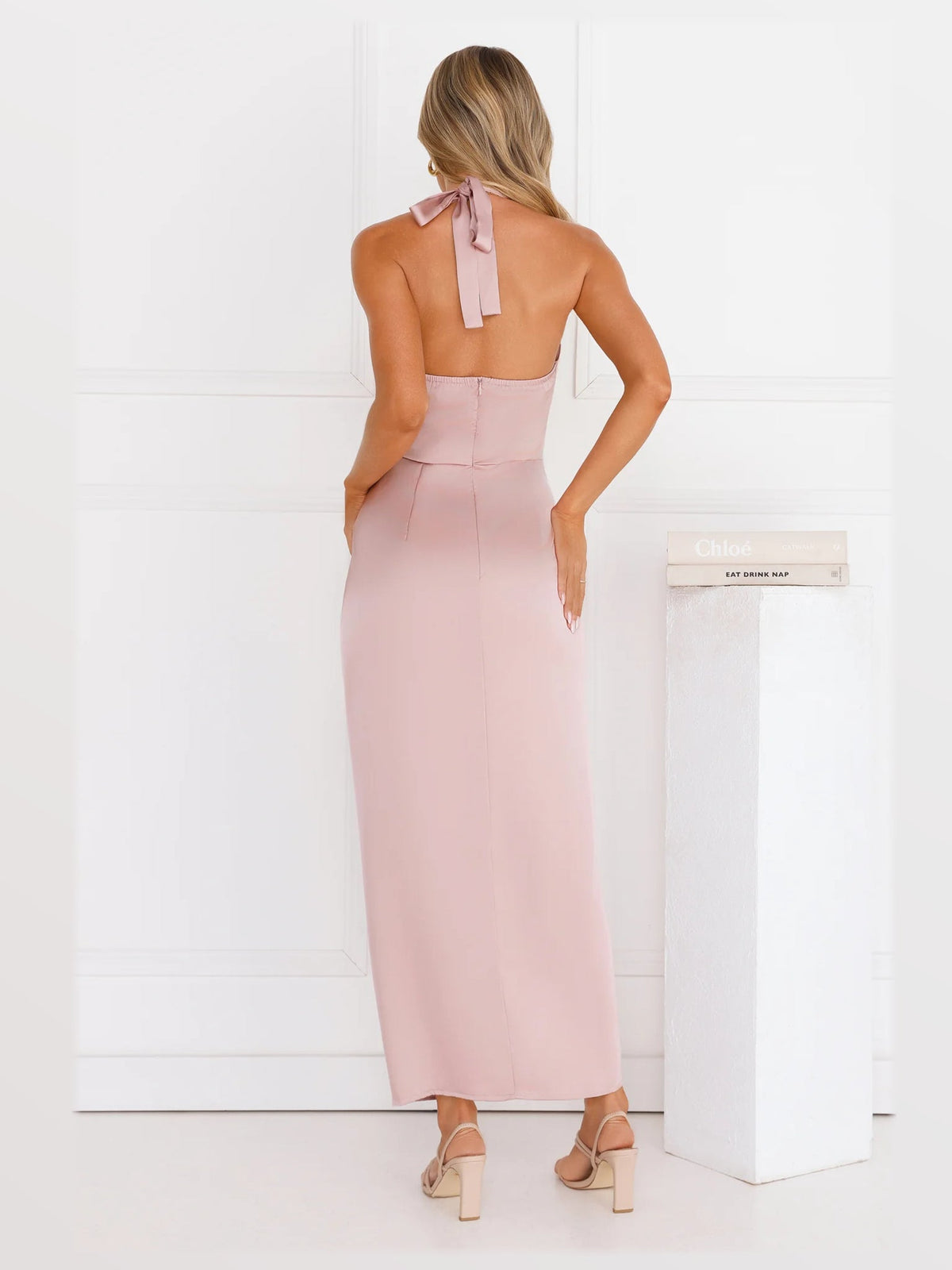 Pink maxi formal dress, back full-length view showing the bodice