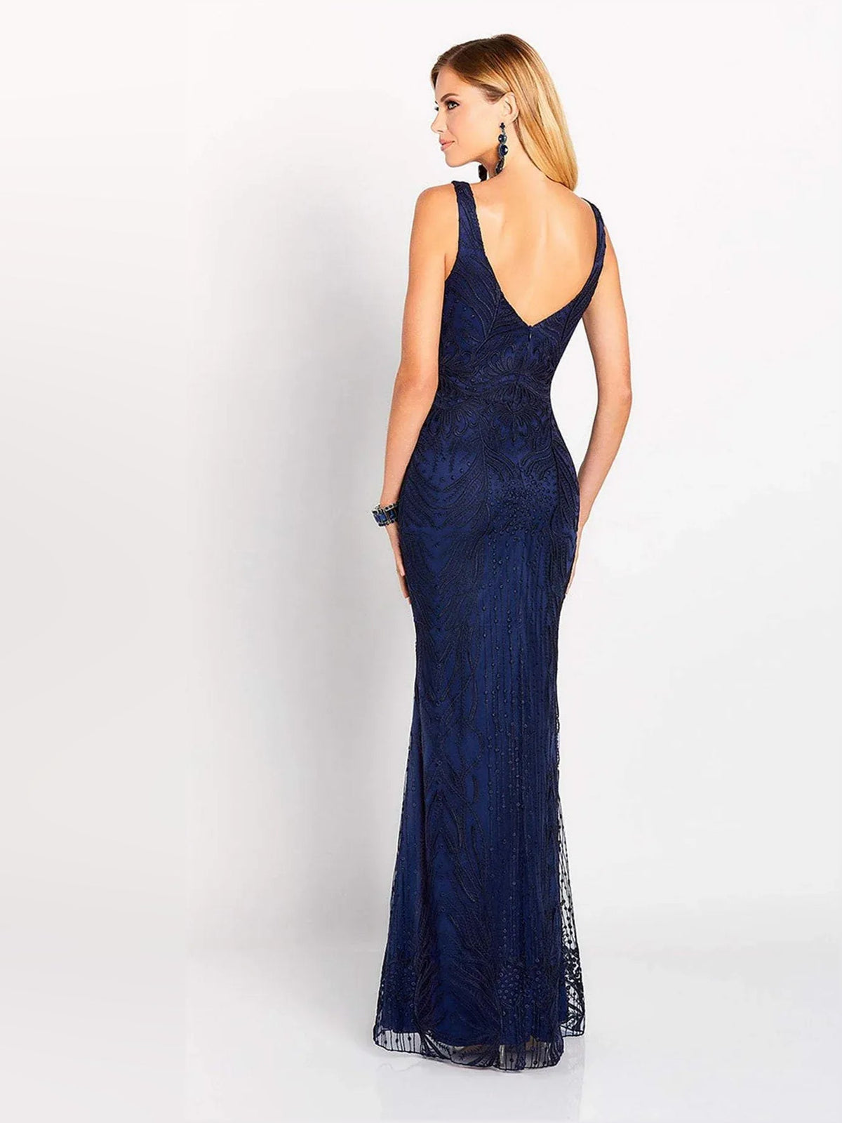 Navy one-shoulder beaded formal dress with open back V detail