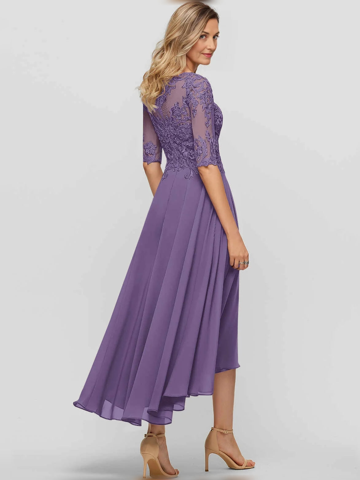 Purple A-line midi chiffon dress with lace illusion back and 3/4 sleeves