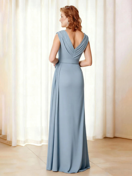 Dusty blue ruched V-neck sheath gown with draped back and floor-length skirt