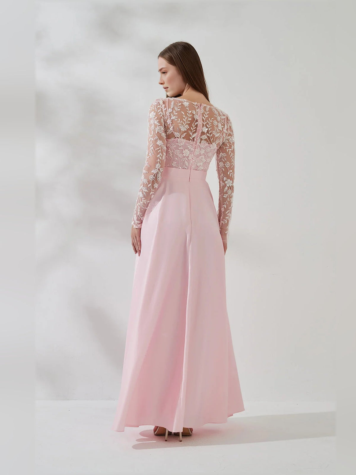 Light pink floral lace long-sleeve formal dress, open back detail, full-length A-line
