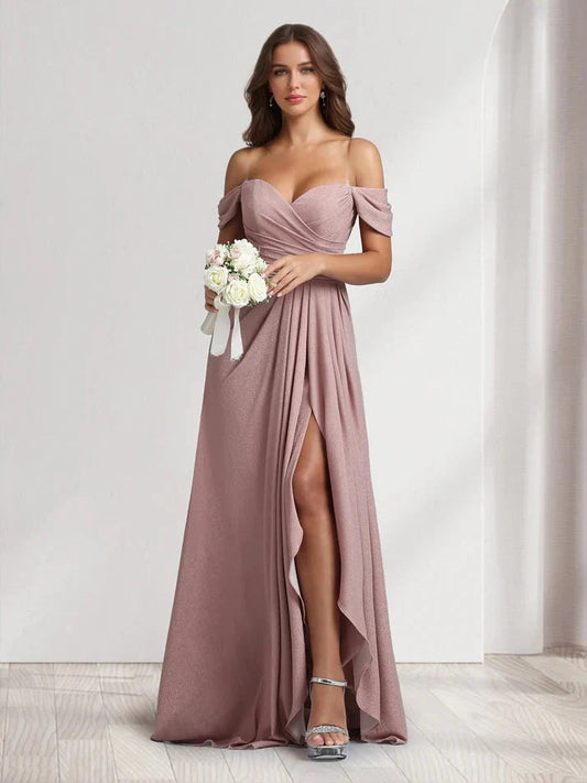 Dusty pink strapless A-line prom dress with draped sash, front slit, floor length