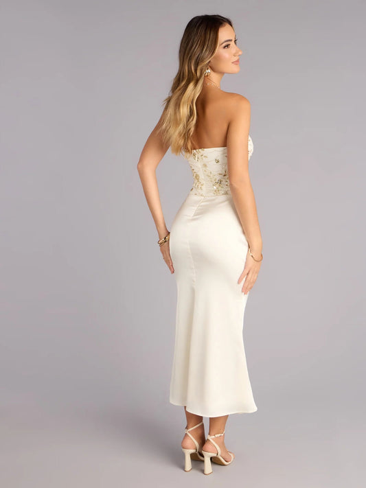 Ivory strapless satin midi dress with beaded sweetheart bodice and fitted skirt