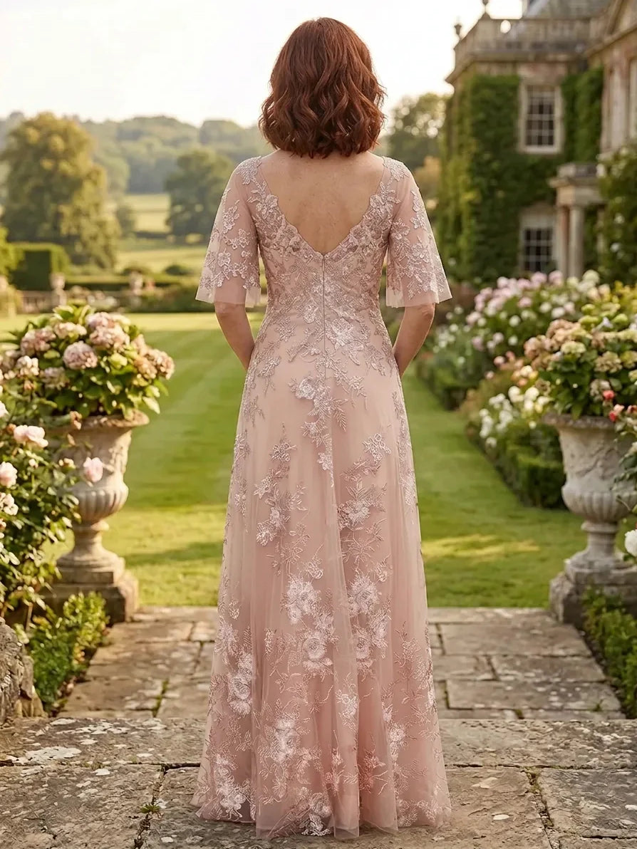 Pearl pink floral tulle A-line dress back view, bateau neck, short sleeves