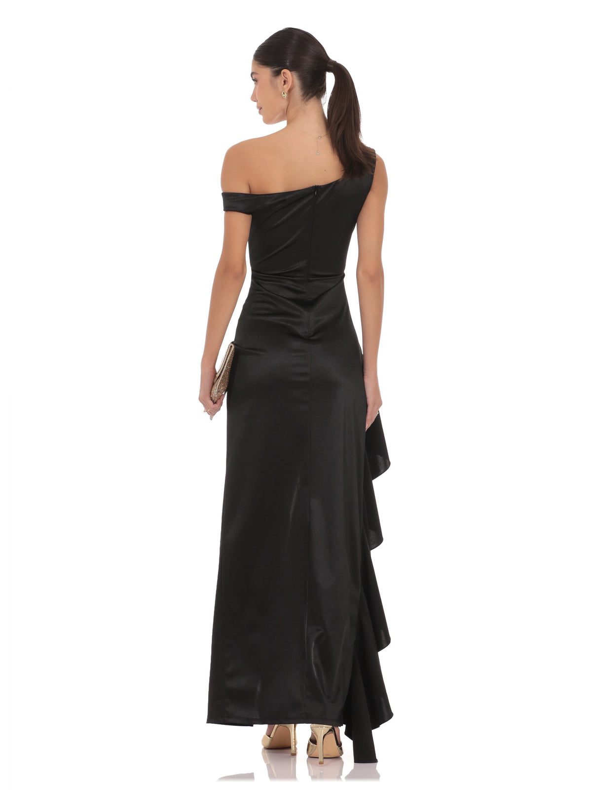 Black bridesmaid dress with off shoulder neckline