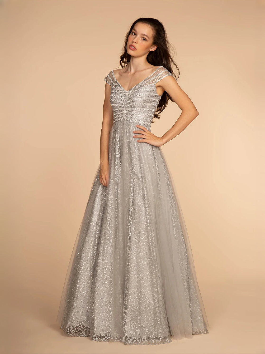 Silver sequin V-neck A-line tulle prom dress, cap sleeves, floor-length skirt