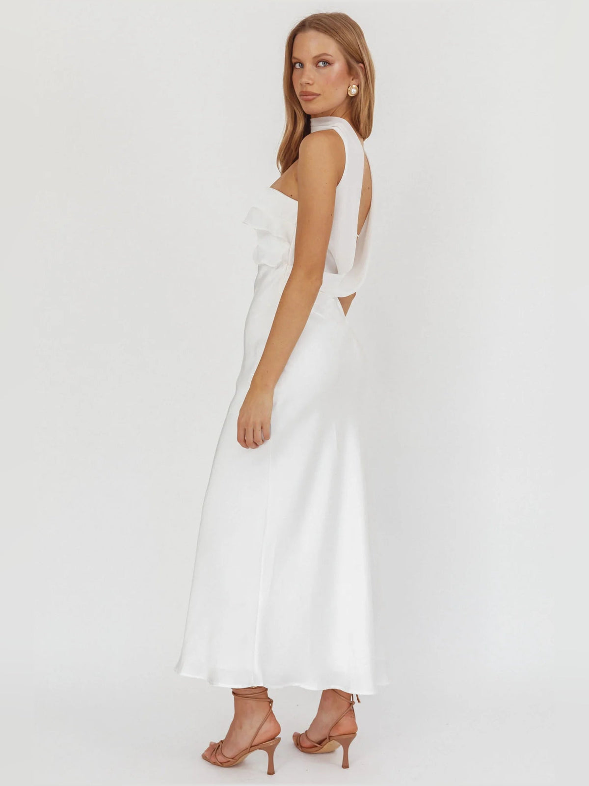 White sheath midi formal dress with ruffle details, alternate view