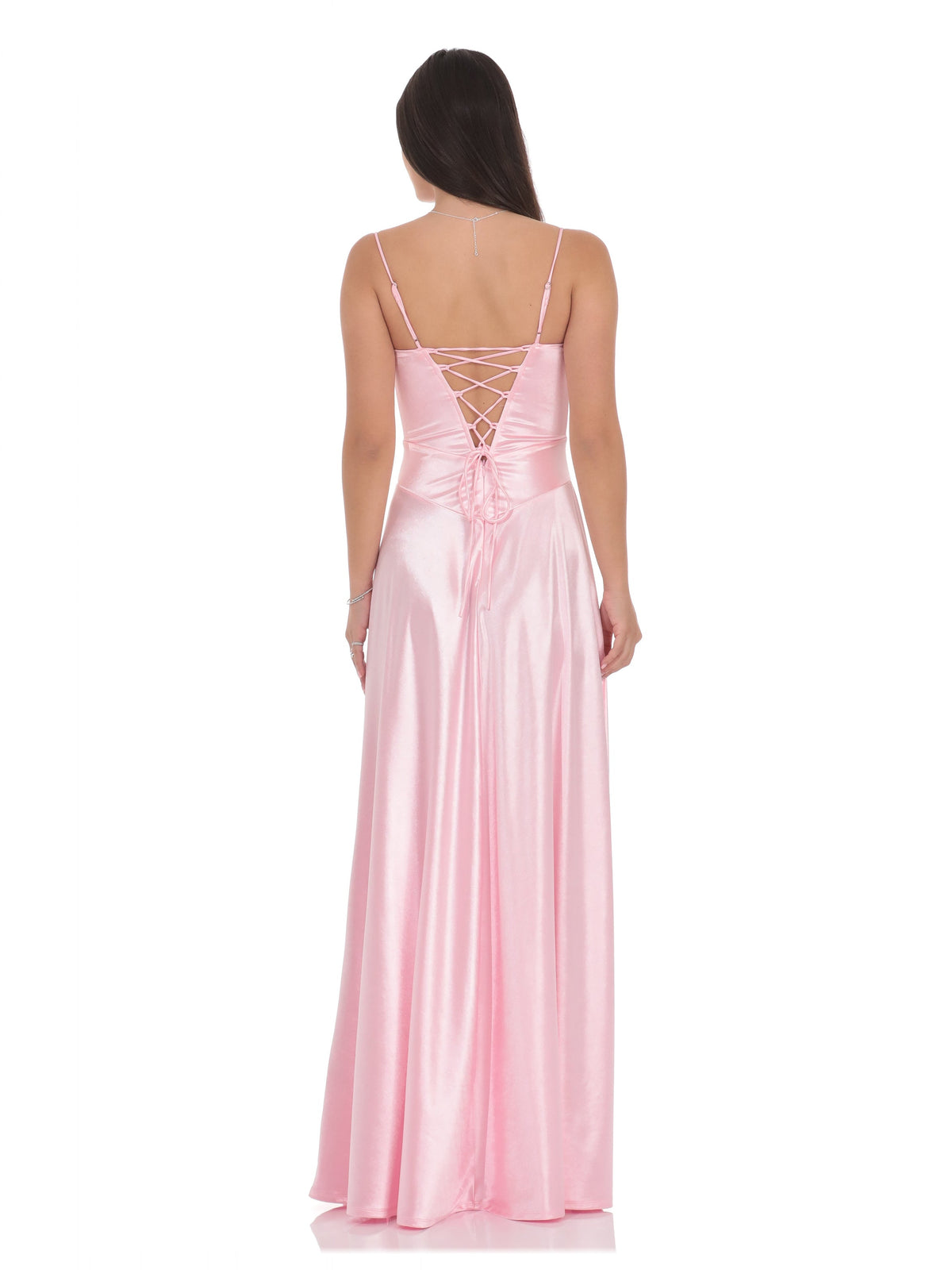 Pink satin A-line maxi dress with square neckline and crisscross back straps