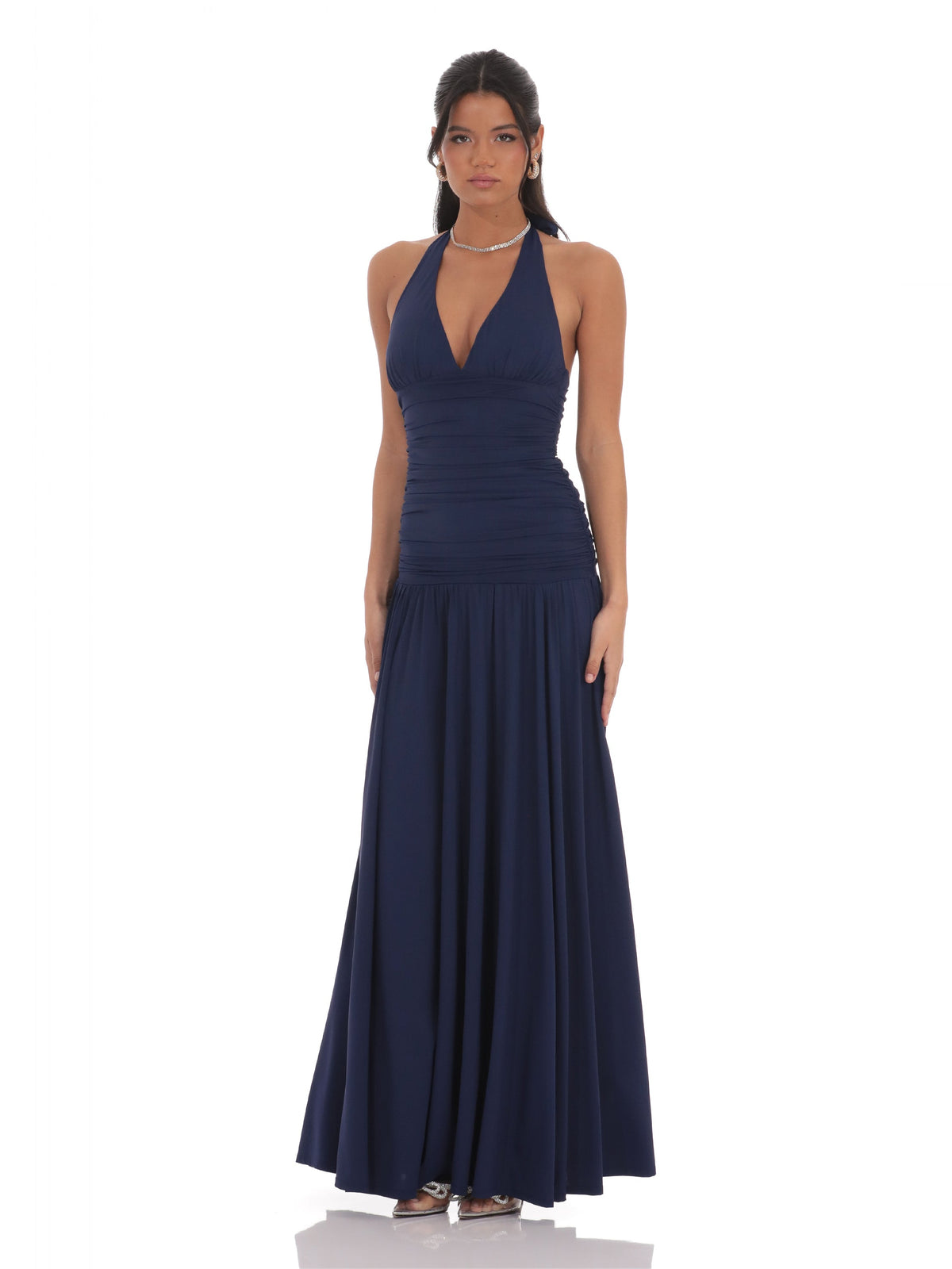 Navy bridesmaid dress with halter neck neckline