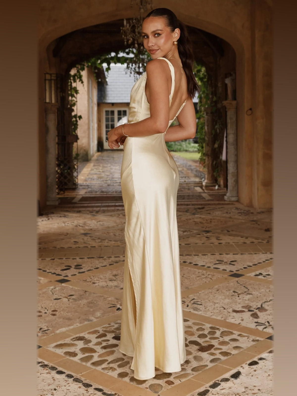 Yellow maxi formal dress, back full-length view showing the bodice