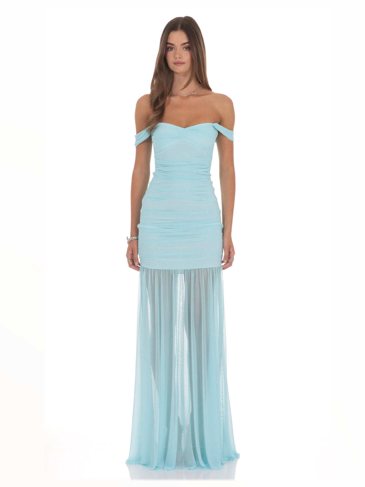 Blue bridesmaid dress with off shoulder neckline