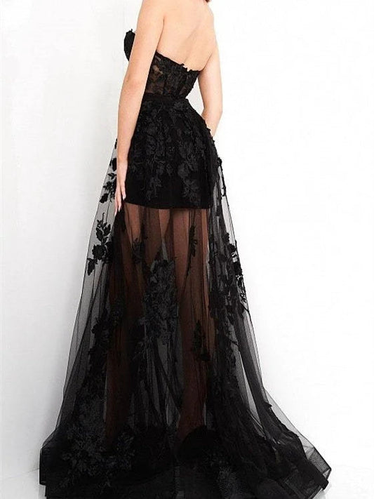 Black floral strapless A-line tulle prom dress with lace bodice and sheer skirt overlay