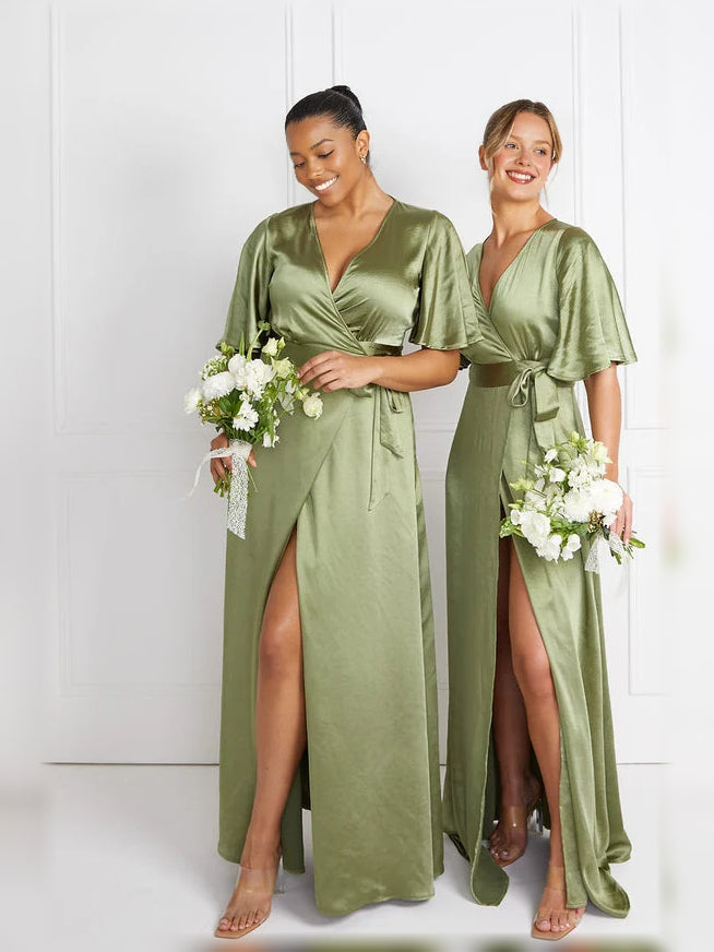 Sage green satin wrap bridesmaid dress with V-neck, tie waist, side slit