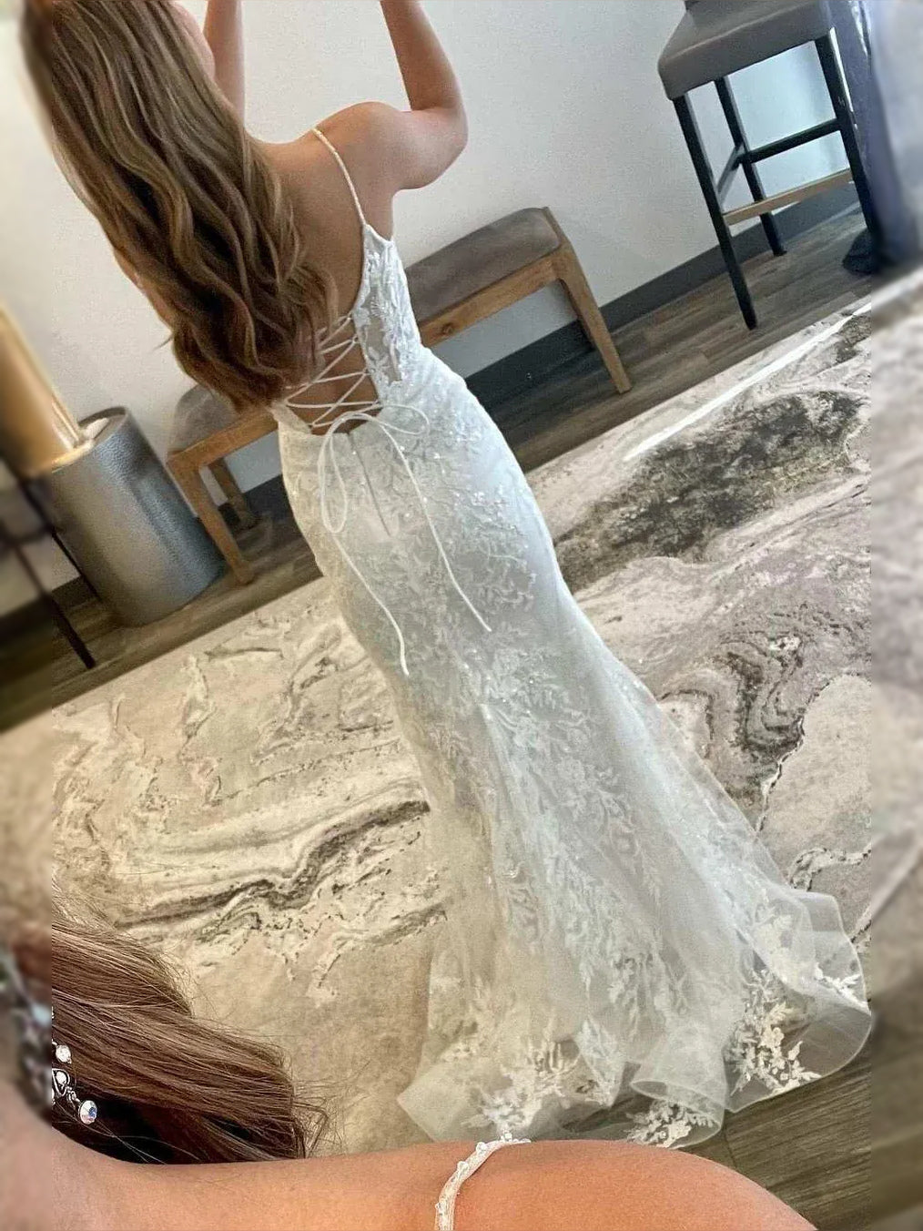 White lace tulle mermaid prom dress with open low back and flowing train