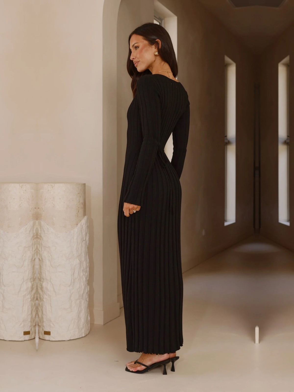 Black sheath maxi formal dress with V-neckline, alternate view