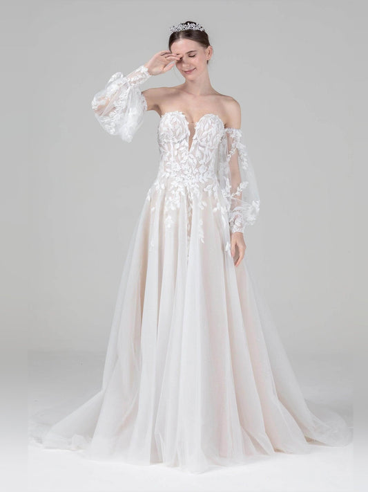 Ivory lace wedding dress with off-shoulder sleeves and A-line tulle skirt, front view