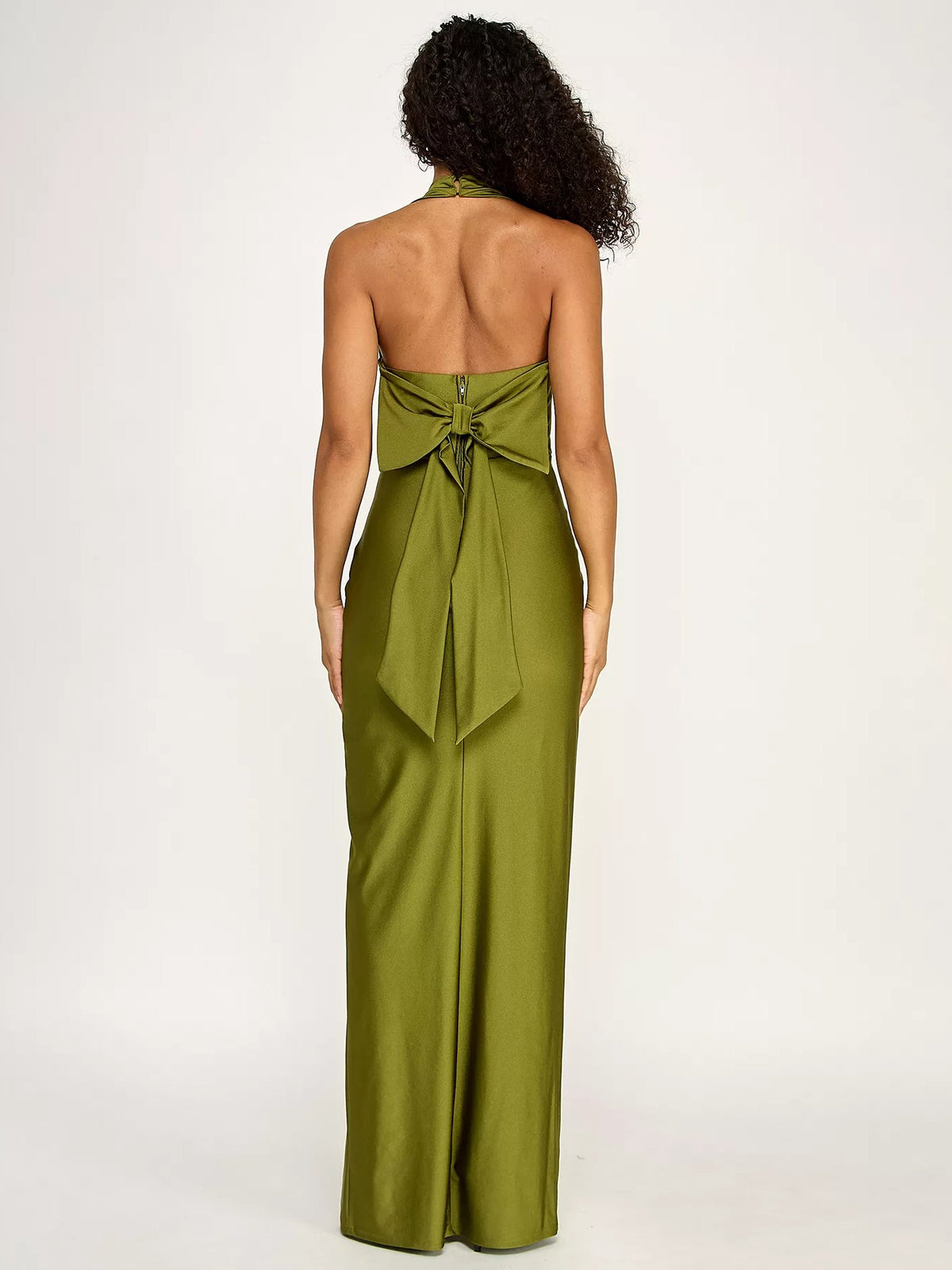 Moss green halter satin formal dress with open back tie detail and floor length
