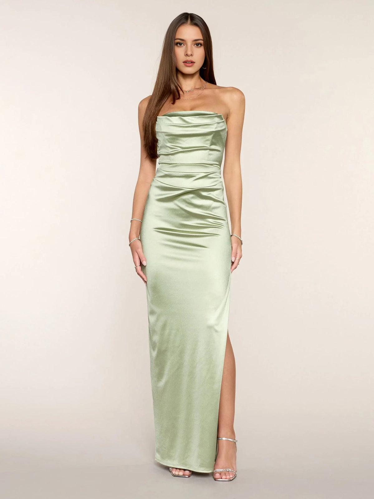 Dusty sage strapless satin mermaid maxi dress with ruched bodice and front slit