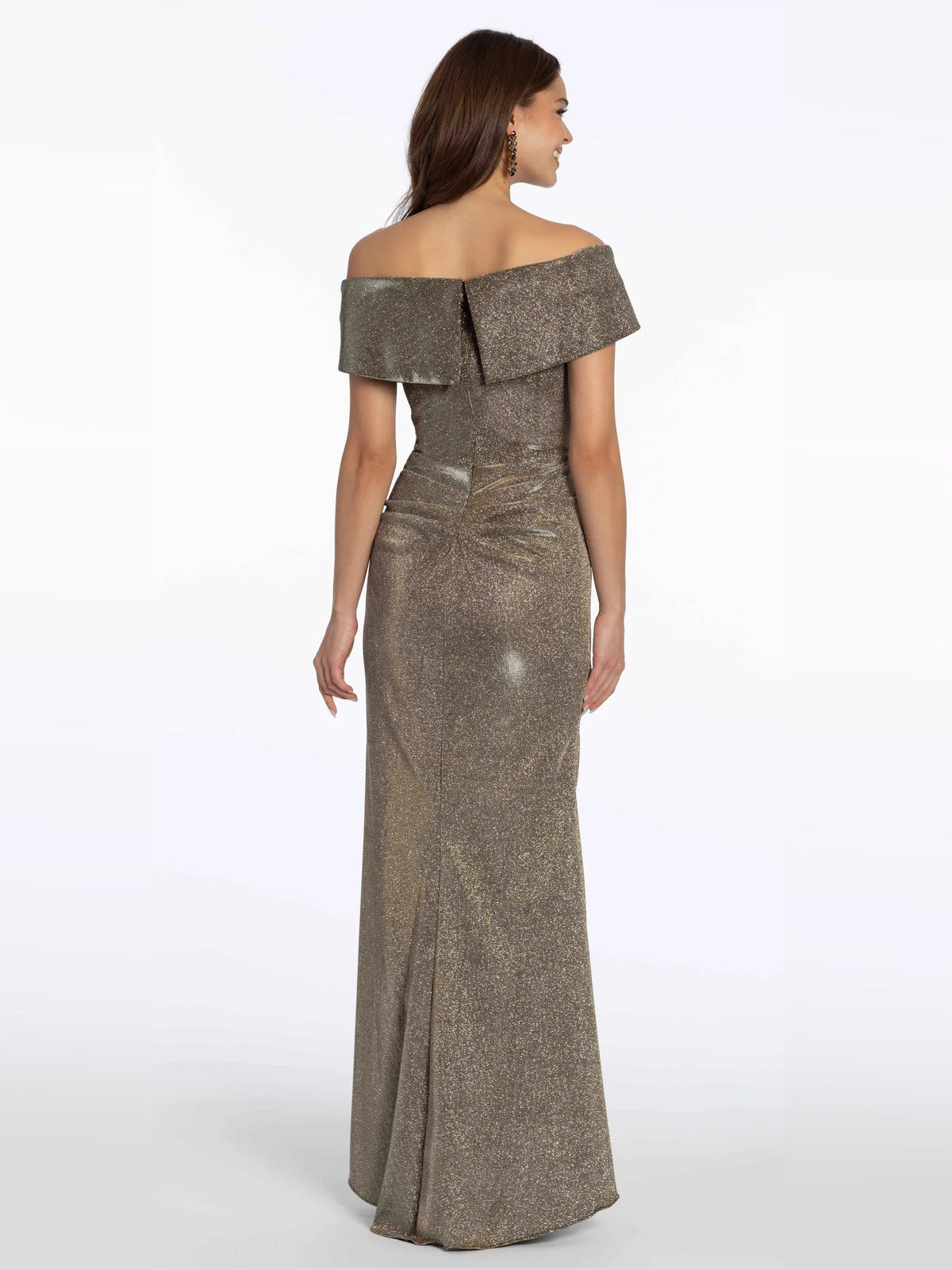 Steel grey off-shoulder formal dress, short sleeves, floor-length back view