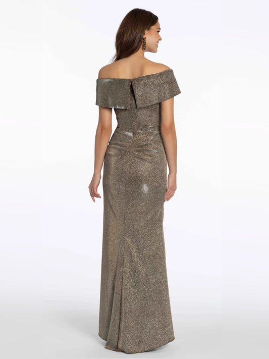 Steel grey off-shoulder formal dress, short sleeves, floor-length back view