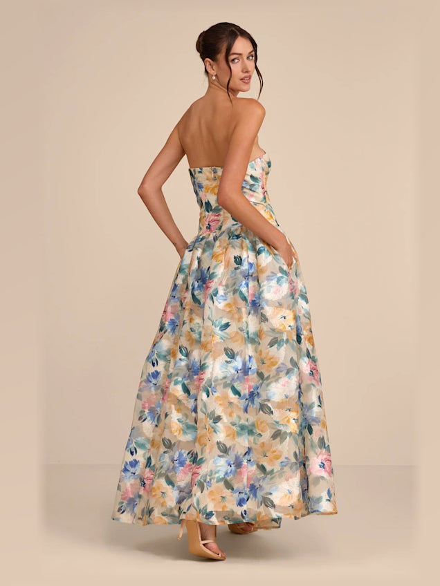 Champagne Blue Peach Floral Print maxi formal dress, back full-length view showing the bodice