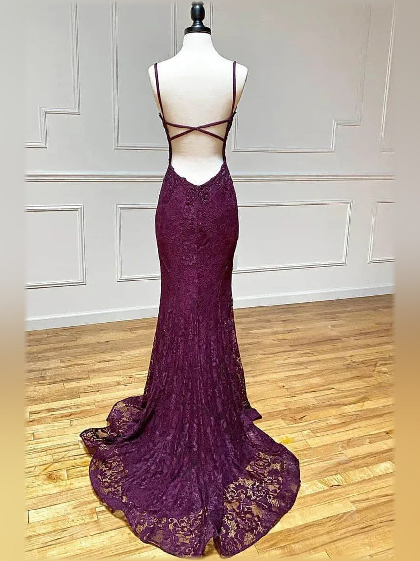 Burgundy floral lace formal dress with crisscross back straps and mermaid hem
