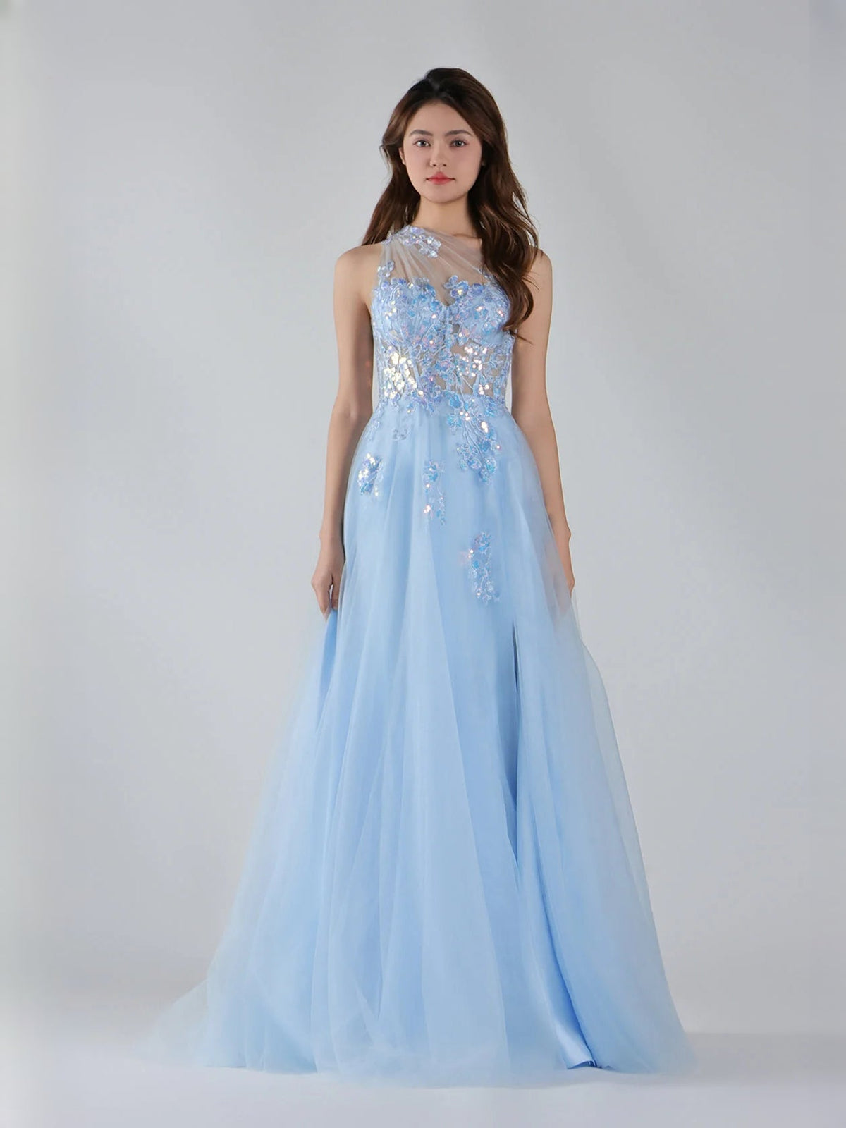Light blue one-shoulder floral applique tulle maxi prom dress