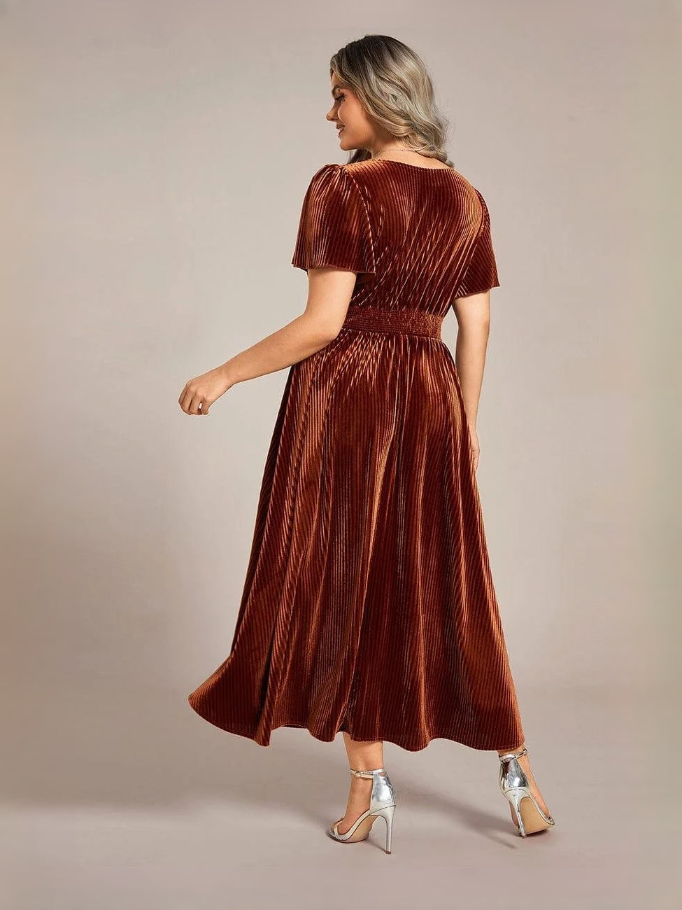 Deep red velvet A-line midi dress, V-neck back view with flutter sleeves