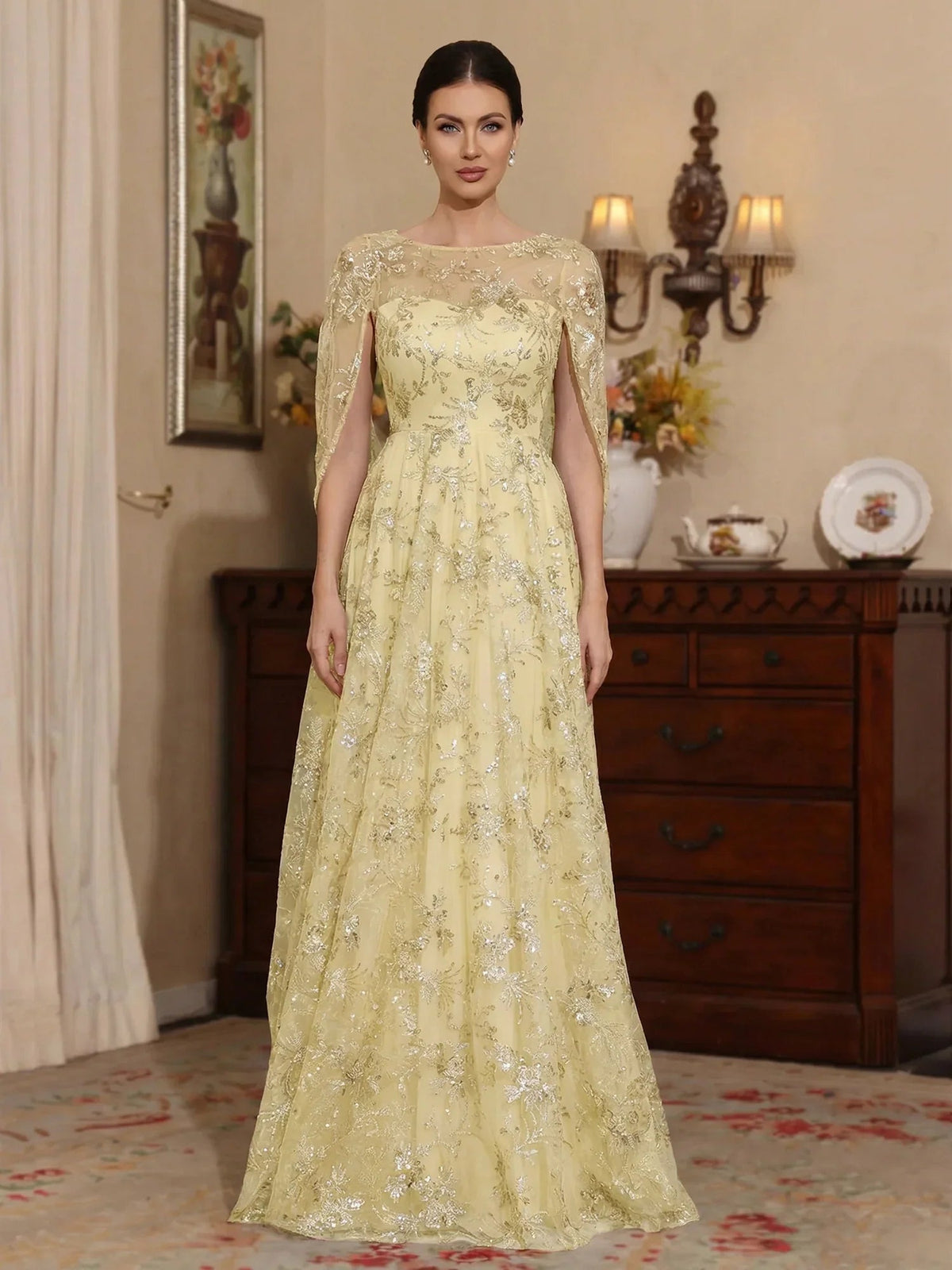 Daffodil tulle A-line gown with illusion neckline and floral embroidery, long floor hem