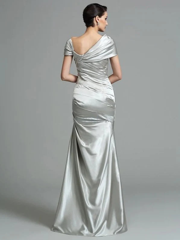 Silver satin one-shoulder mermaid gown with ruched back drape and cap sleeves