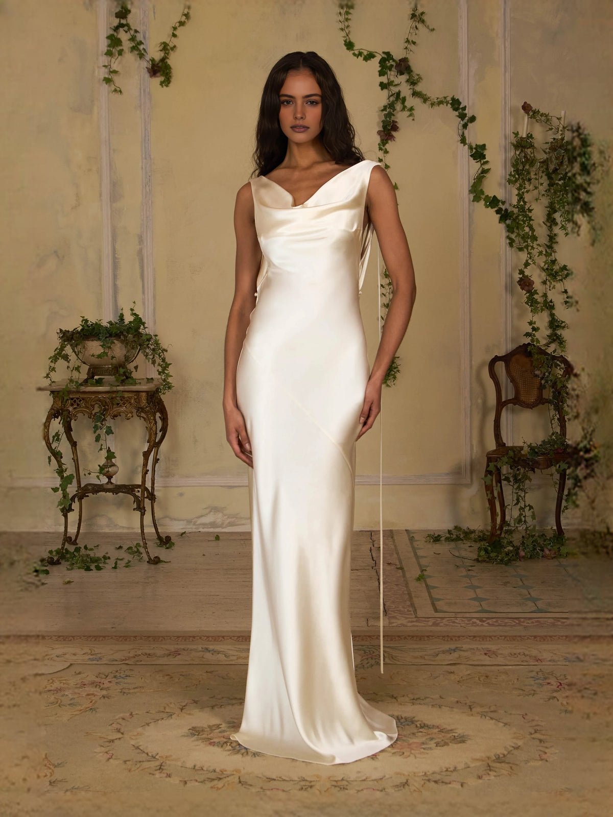 Ivory satin cowl-neck sheath prom dress with sleeveless draped bodice