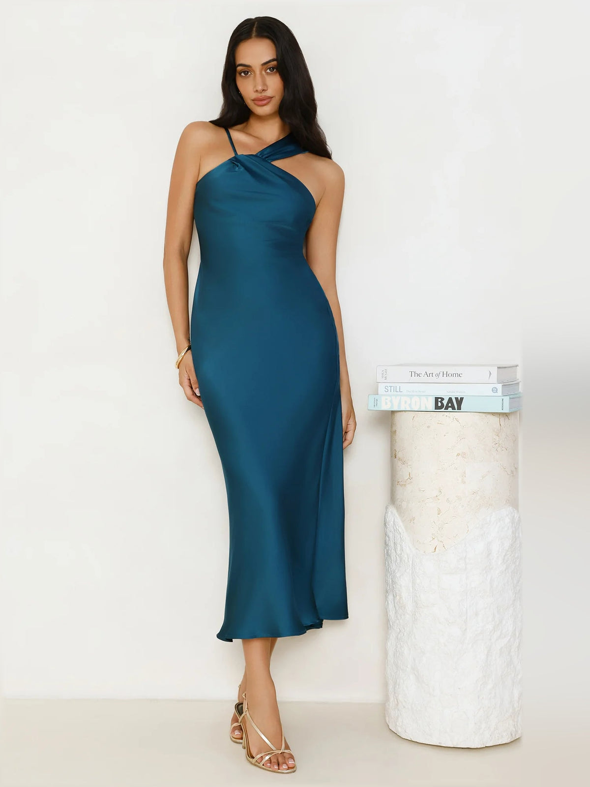 Teal satin midi dress, halter straps and fitted bodice with flowing column skirt