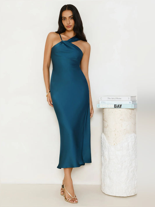 Teal satin midi dress, halter straps and fitted bodice with flowing column skirt