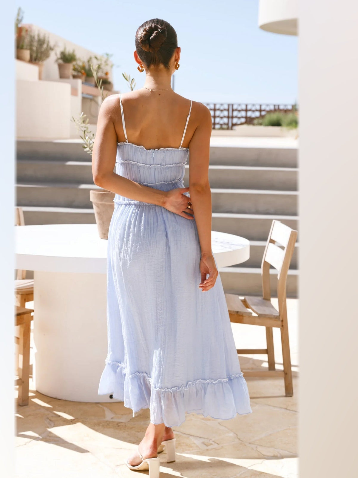 Light Blue midi formal dress, back full-length view showing the bodice