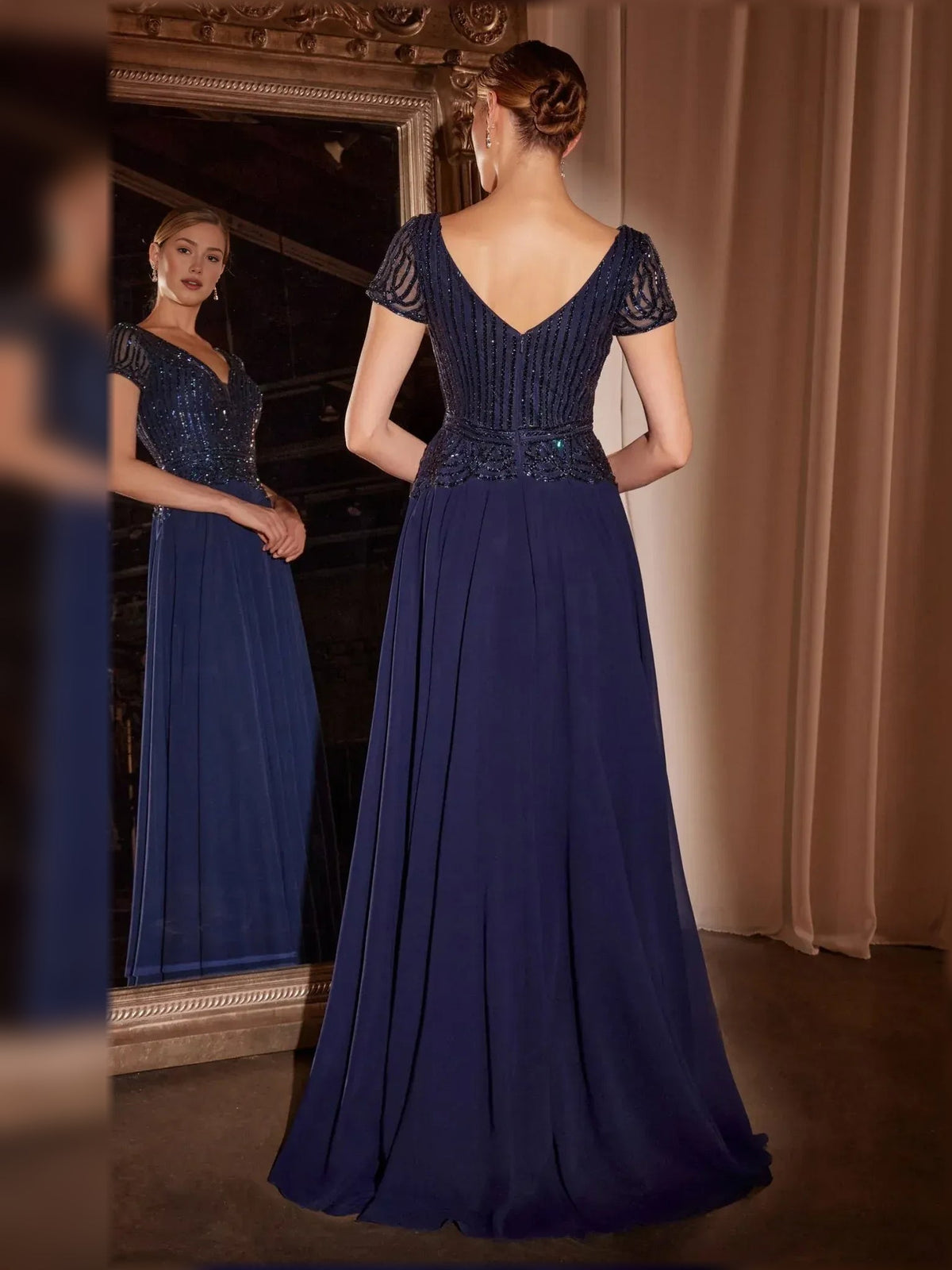 Navy V-neck A-line chiffon dress with beaded cap sleeves and V-back