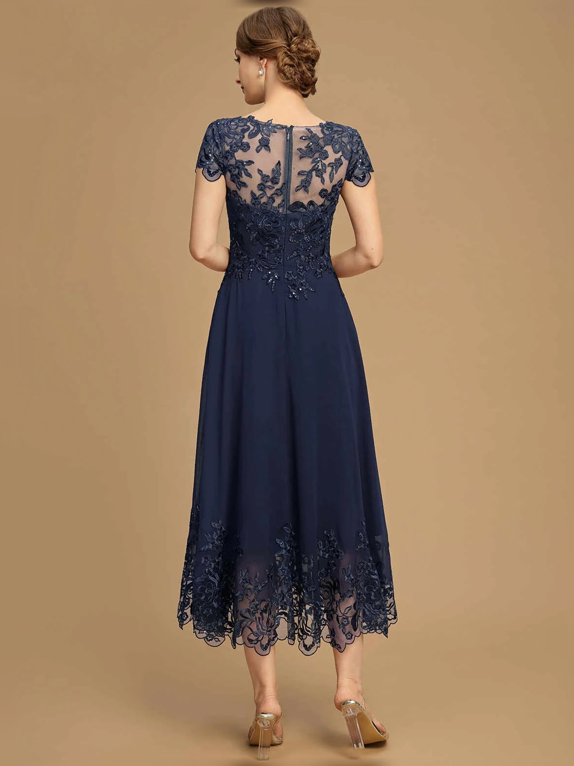 Dark navy boat-neck A-line chiffon tea-length dress with lace back detailing