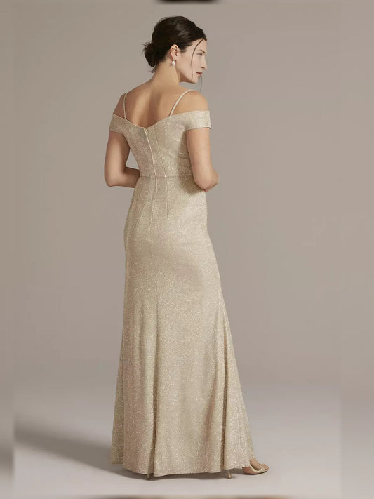 Champagne off-shoulder ruched sheath gown, floor-length, glitter texture