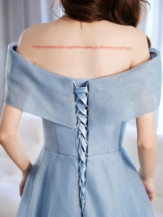 Light blue off-shoulder tulle prom dress, corset back with lace-up ribbon detail
