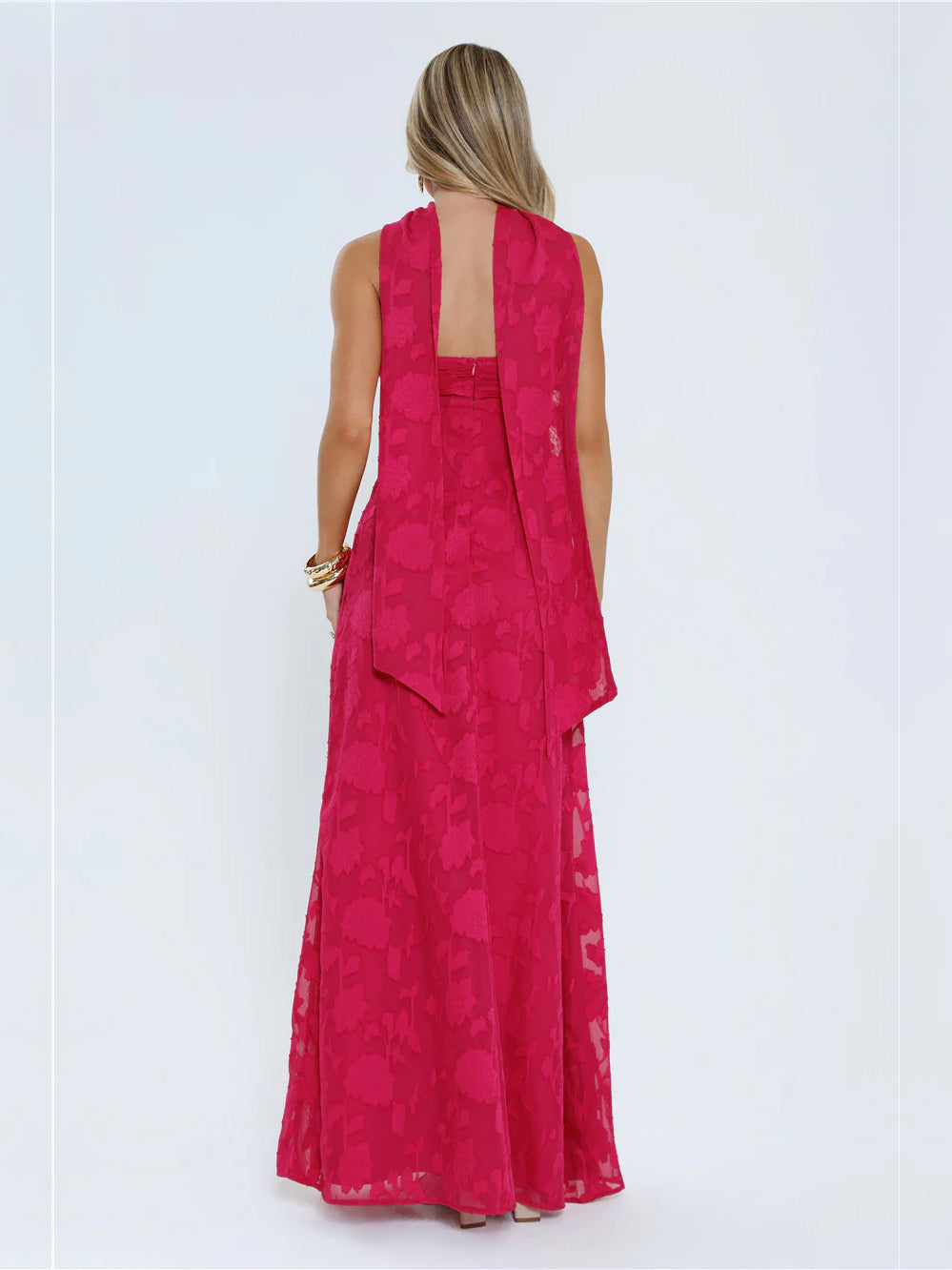 Pink a-line maxi formal dress with a-line, full-length back view
