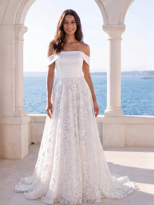 Ivory off-shoulder A-line wedding dress with embroidered floral lace skirt