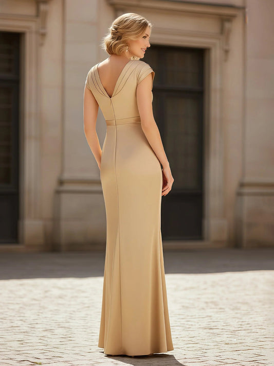 Champagne satin backless V-back mermaid maxi dress with ruched detailing